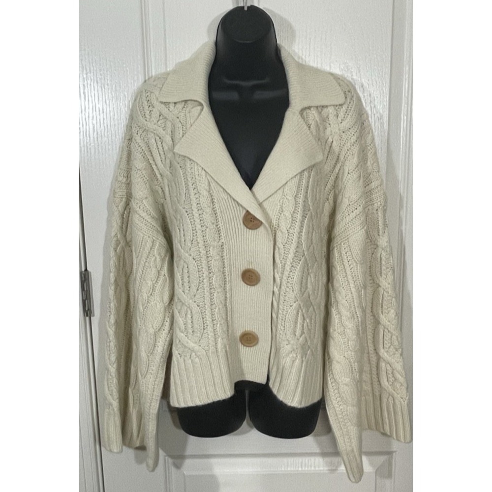 Newport News Chunky Fisherman Sweater Cardigan Women XL Beige Oatmeal Cable Knit